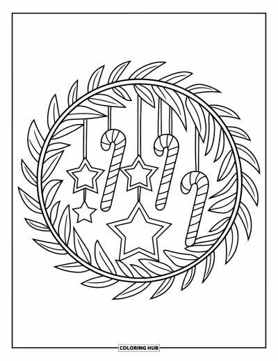 Coloriage de couronne de Noël pour enfants : Une couronne avec cinq étoiles et des cannes en sucre d'orge repose simplement sur fond blanc