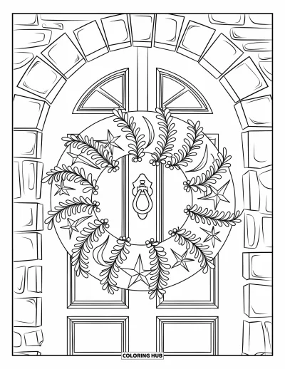Coloriage de couronne de Noël pour enfants : Une couronne avec des guirlandes et du houx est accrochée à un encadrement de porte en pierre