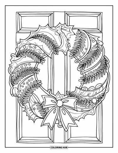 Coloriage de couronne de Noël pour enfants : Une couronne avec des guirlandes, du houx et des étoiles est suspendue à une porte simple