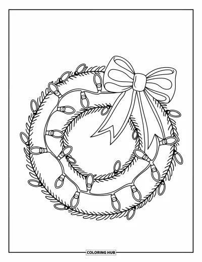 Coloriage de couronne de Noël pour enfants : Une couronne avec des guirlandes lumineuses et un nœud repose sur fond blanc épuré