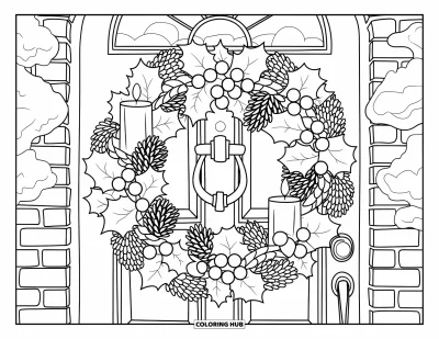 Coloriage de couronne de Noël pour enfants : Une couronne de houx, de baies et de pommes de pin est suspendue à une porte encadrée de briques