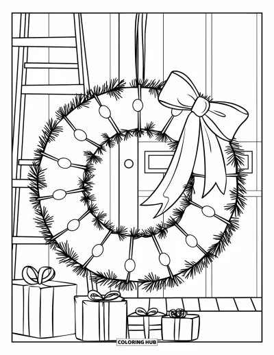 Coloriage de couronne de Noël pour enfants : Une couronne avec des guirlandes lumineuses et un nœud est accrochée au-dessus de cadeaux dans une pièce chaleureuse