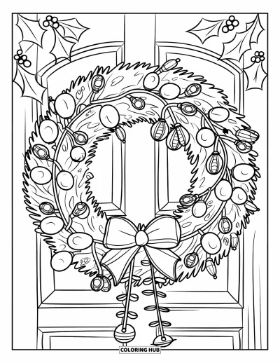 Coloriage de couronne de Noël pour enfants : Une couronne avec des guirlandes lumineuses et des rubans orne une porte en bois avec des feuilles de houx à proximité