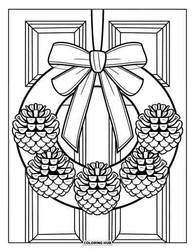 Coloriage de couronne de Noël pour enfants : Une couronne avec des pommes de pin et un grand ruban est suspendue à une porte blanche