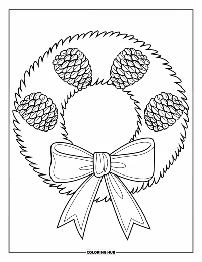 Coloriage de couronne de Noël pour enfants : Une couronne avec des pommes de pin et un ruban est posée sur un fond mural