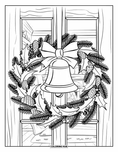 Coloriage de couronne de Noël pour enfants : Une couronne de pommes de pin et de feuilles de houx encadre une cloche sur une porte