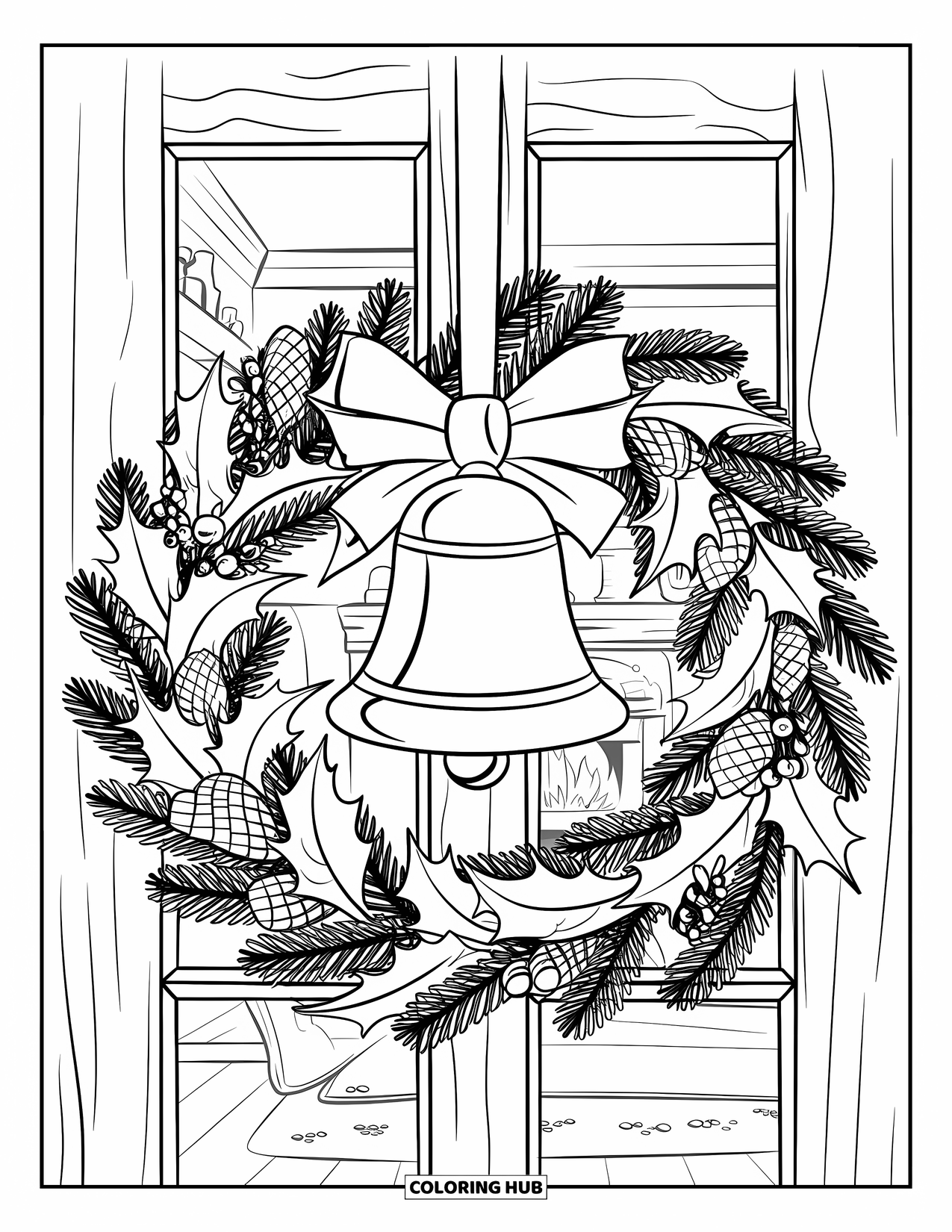 Coloriage de couronne de Noël pour enfants : Une couronne de pommes de pin et de feuilles de houx encadre une cloche sur une porte