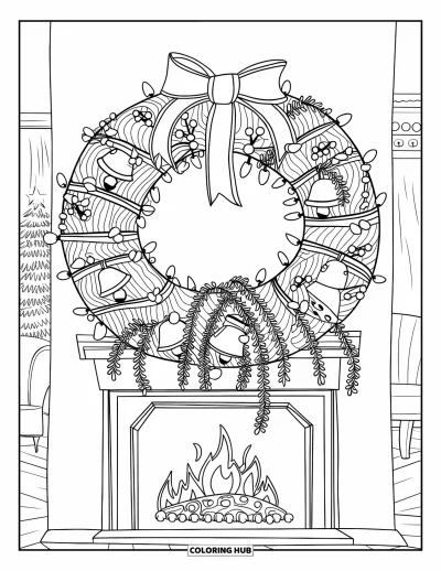 Coloriage de couronne de Noël pour enfants : Une couronne avec des rubans et des guirlandes lumineuses est suspendue au-dessus d'une cheminée dans un salon douillet