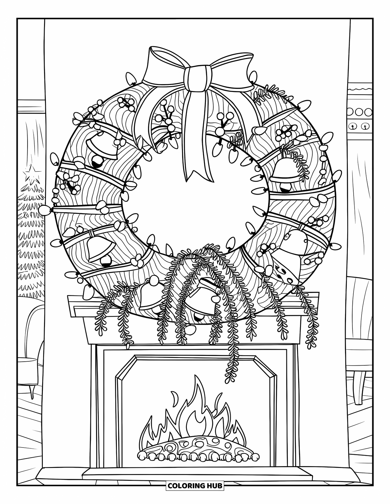 Coloriage de couronne de Noël pour enfants : Une couronne avec des rubans et des guirlandes lumineuses est suspendue au-dessus d'une cheminée dans un salon douillet