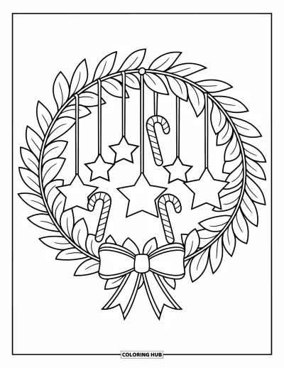 Coloriage de couronne de Noël pour enfants : Une couronne avec des étoiles et des cannes en sucre d'orge se détache en gras sur fond blanc