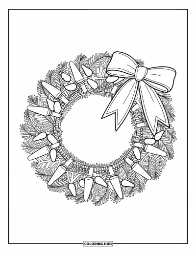 Coloriage de couronne de Noël pour enfants : Une couronne avec des guirlandes lumineuses et un grand nœud décore un fond blanc