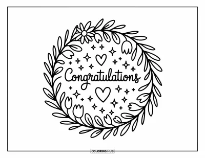Coloriage de félicitations pour adultes : Un cercle floral de tulipes et de marguerites entoure « Congratulations » en douce écriture manuscrite