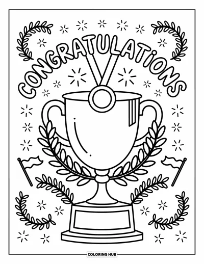 Coloriage de félicitations pour adultes : Un fier trophée avec de petits drapeaux et des couronnes trône sous « Congratulations » en lettres-ballons