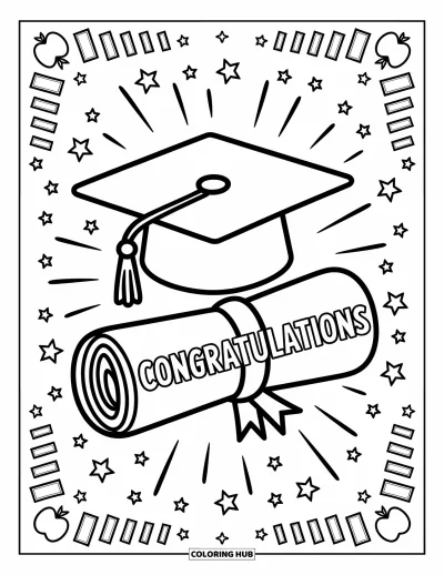Coloriage de félicitations pour adultes : Une toque inclinée, un diplôme et un joyeux message « Congratulations » explosent de confettis et d'étincelles