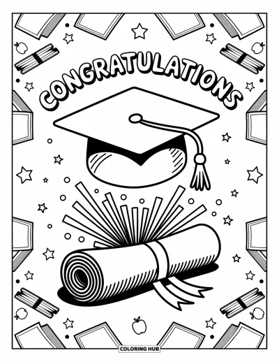 Coloriage de félicitations pour adultes : Une toque et un diplôme célèbrent avec des guirlandes, des étoiles et un grand message « Congratulations »