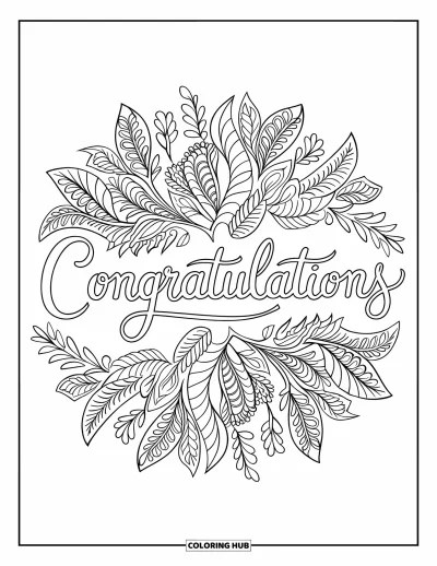 Coloriage de félicitations pour adultes : « Congratulations » en écriture fluide entouré d'un mandala fleuri et de lianes