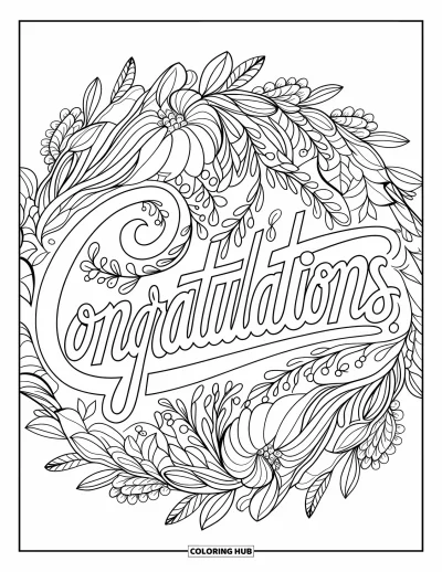 Coloriage de félicitations pour adultes : « Congratulations » en cursive s'entrelace dans un mandala botanique de fleurs et de feuilles