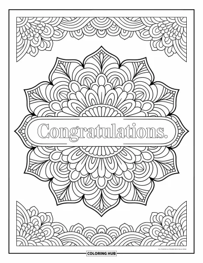 Coloriage de félicitations pour adultes : Un mandala floral décoratif avec des lianes et « Congratulations » en gras au centre