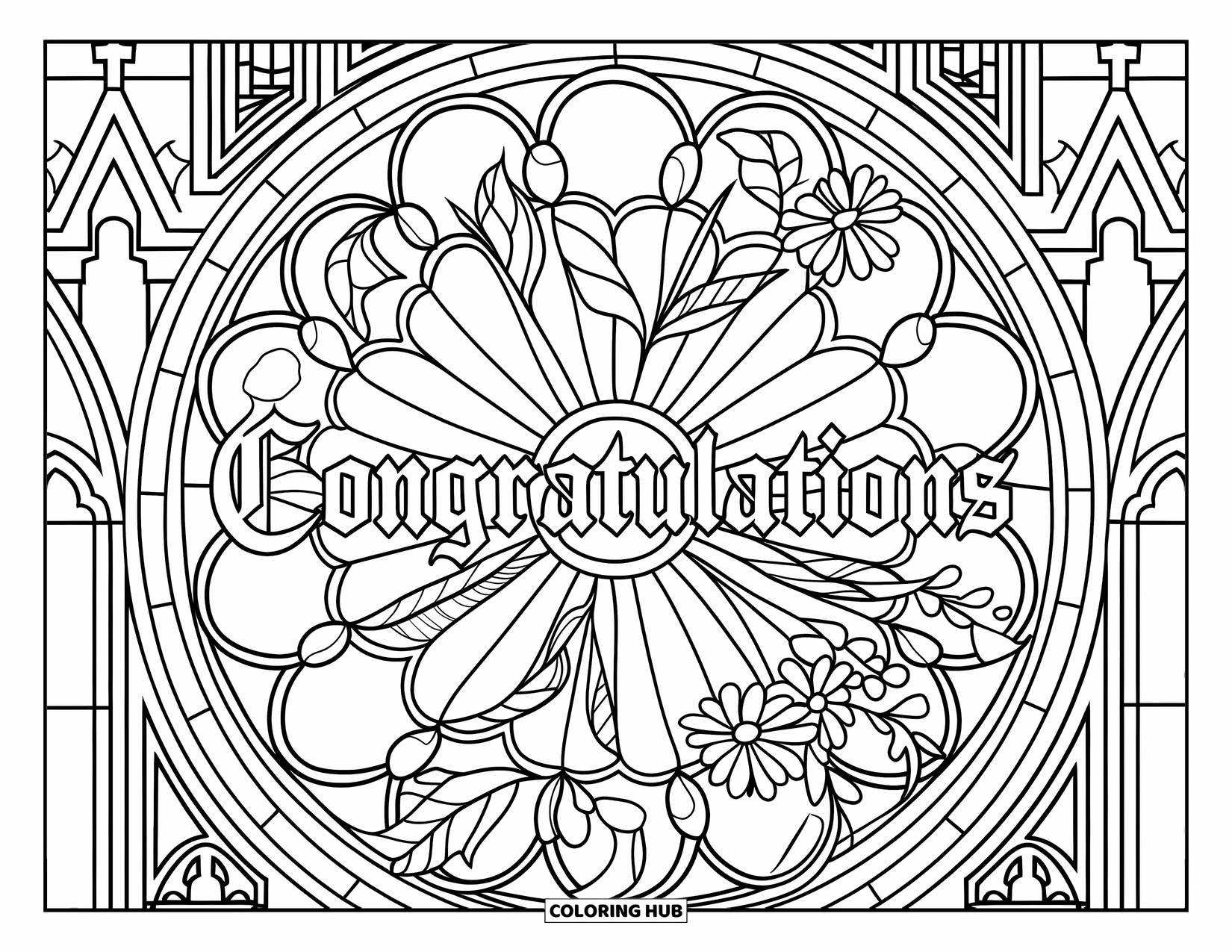 Congratulations Coloring Page for Adults: Detailed floral rose window says "Congratulations" with a gothic cathedral in the background