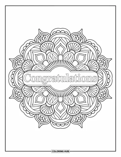 Coloriage de félicitations pour adultes : Un mandala détaillé de fleurs et de lianes avec « Congratulations » dans une police serif sobre
