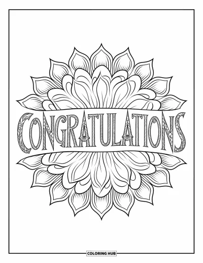 Coloriage de félicitations pour adultes : Un mandala en spirales détaillé avec « Congratulations » dans un lettrage stylisé et décoratif