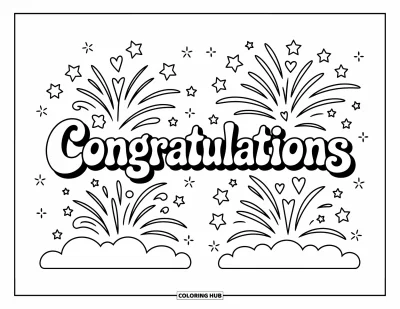 Coloriage de félicitations pour adultes : Des feux d'artifice, des cœurs et des étoiles éclatent autour d'un « Congratulations » rond au-dessus de nuages légers