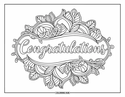 Coloriage de félicitations pour adultes : Un mandala floral et feuillu s'enroule autour de « Congratulations » dans une composition ronde et harmonieuse