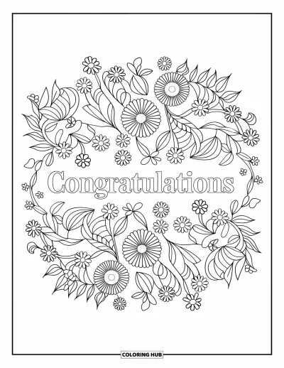 Coloriage de félicitations pour adultes : Un mandala floral rempli de fleurs et de feuilles avec « Congratulations » en son milieu