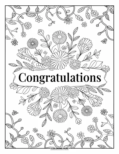 Coloriage de félicitations pour adultes : Un mandala floral entoure « Congratulations » en serif avec un fond garni de lianes