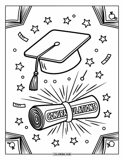 Coloriage de félicitations pour adultes : Une toque et un certificat roulé sous un joyeux « Congratulations » avec des guirlandes et des étoiles
