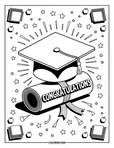 Coloriage de félicitations pour adultes : Une toque de diplômé et un parchemin roulé avec « Congratulations » brillent au milieu d'étoiles et de livres flottants