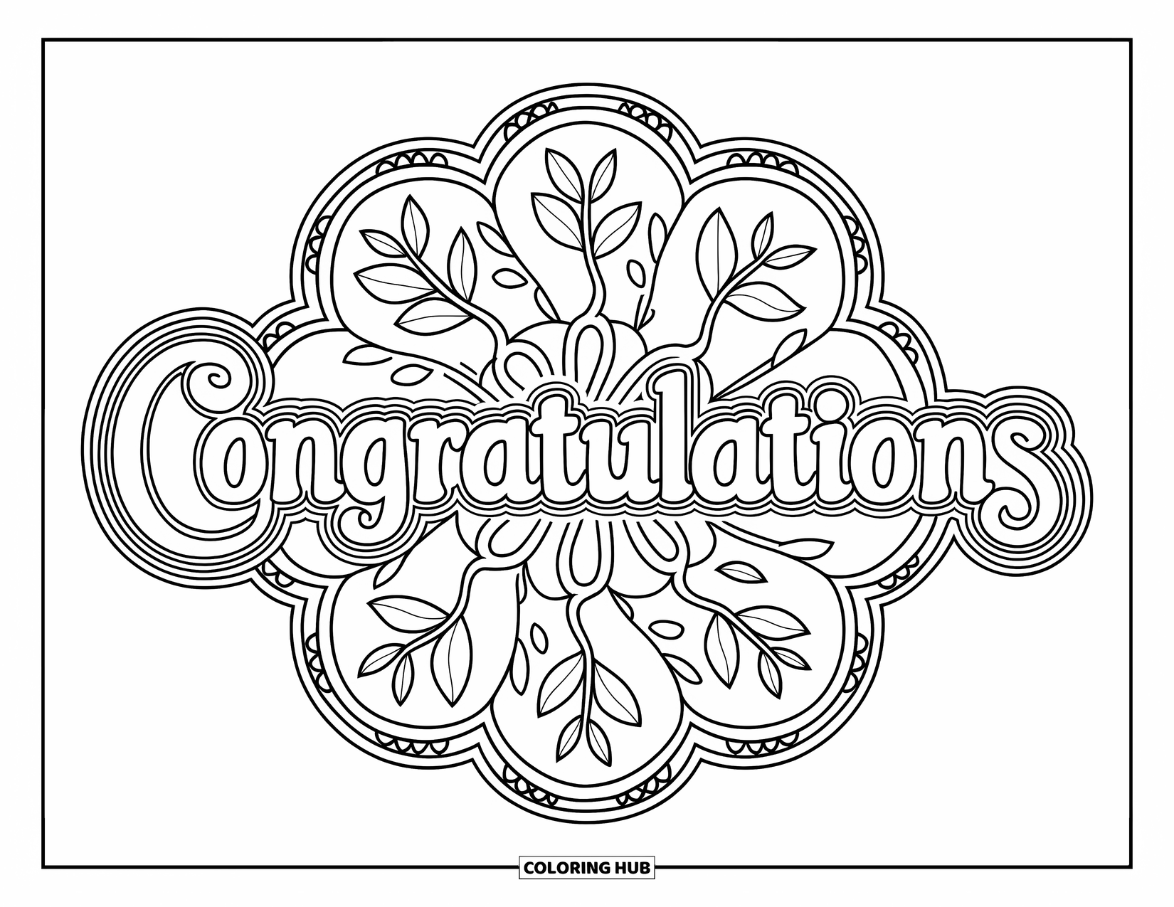 Congratulations Coloring Page for Adults: Intricate leafy mandala frames "Congratulations" with vines and a detailed border