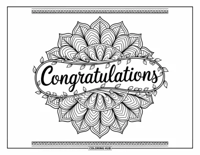 Coloriage de félicitations pour adultes : Un mandala feuillu en couches avec des lianes et une bordure entourant « Congratulations »