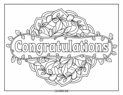 Coloriage de félicitations pour adultes : Un mandala feuillu avec des lianes encercle « Congratulations » dans une belle police décorative