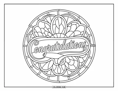 Coloriage de félicitations pour adultes : Un vitrail en forme de pétale avec « Congratulations » inscrit sur le motif central