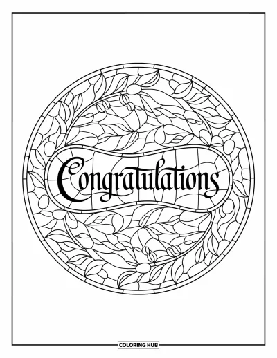 Coloriage de félicitations pour adultes : Un vitrail rond aux feuilles élaborées avec « Congratulations » en calligraphie au centre