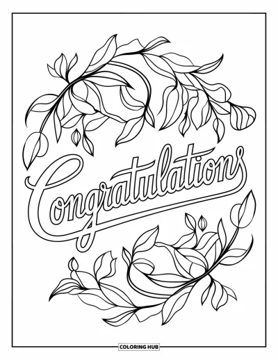 Coloriage de félicitations pour adultes : Des feuilles et des bourgeons en vitrail encerclent « Congratulations » dans un style calligraphique