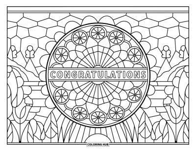 Coloriage de félicitations pour adultes : Un vitrail en rosace avec « Congratulations » et une montagne, des arbres et de l'eau en arrière-plan