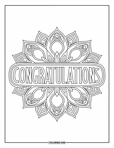 Coloriage de félicitations pour adultes : Un mandala symétrique rempli de motifs avec « Congratulations » traversant le milieu