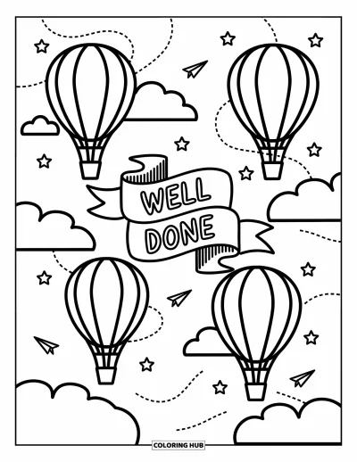 Coloriage de félicitations pour adultes : Trois ballons dérivent à travers des nuages avec un ruban indiquant « Well Done » et des étoiles scintillantes