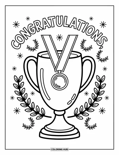 Coloriage de félicitations pour adultes : Un trophée étincelant avec une couronne, une médaille et un joli « Congratulations » au-dessus