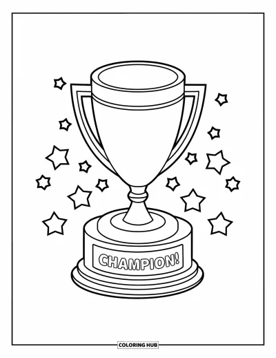 Coloriage de félicitations pour enfants : Un trophée Champion se dresse fièrement avec des étoiles tout autour
