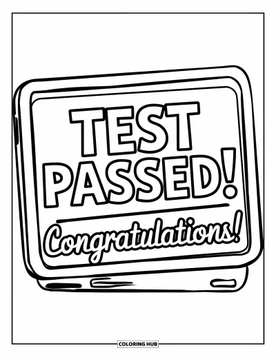 Coloriage de félicitations pour enfants : Un écran d'ordinateur affiche "Test Passed! Congratulations!" dans un espace de travail moderne et coloré