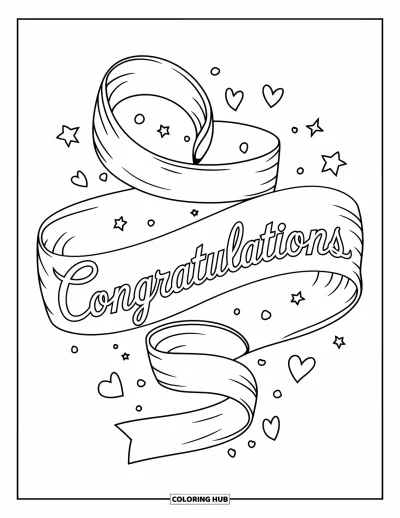 Coloriage de félicitations pour enfants : Un ruban flottant forme le mot Congratulations avec des étoiles et des confettis tout autour