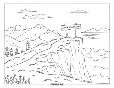 Coloriage de félicitations pour enfants : Un panneau Congratulations marque le sommet d'une montagne entourée d'arbres et de nuages