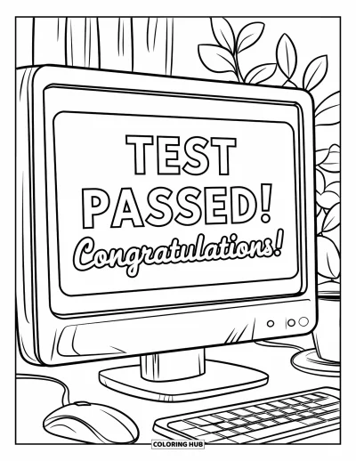 Coloriage de félicitations pour enfants : Un message joyeux sur un écran indique "Test Passed! Congratulations!" avec du café et des accessoires de bureau