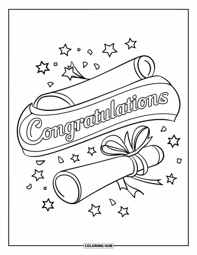 Coloriage de félicitations pour enfants : Un parchemin noué d'un ruban indique Congratulations avec des étoiles scintillantes tout autour