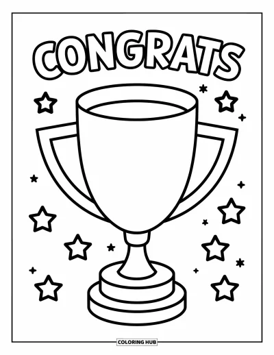 Coloriage de félicitations pour enfants : Un grand trophée avec Congrats au-dessus et des étoiles flottantes tout autour
