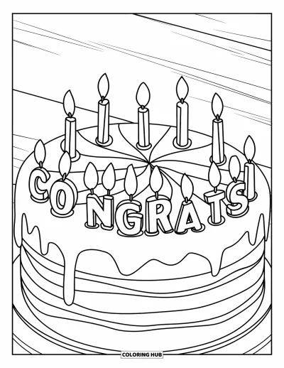 Coloriage de félicitations pour enfants : Un gâteau avec des tourbillons et des bougies Congrats est prêt pour la célébration