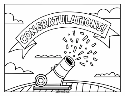 Coloriage de félicitations pour enfants : Un canon tire des formes colorées et le mot Congratulations dans le ciel